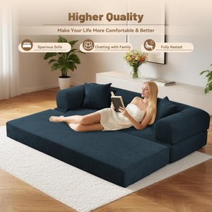 English Elm Convertible Corduroy Sleeper Sofa Queen Fold Out Bed with Dual Storage Pockets Navy Blue W3396P483181