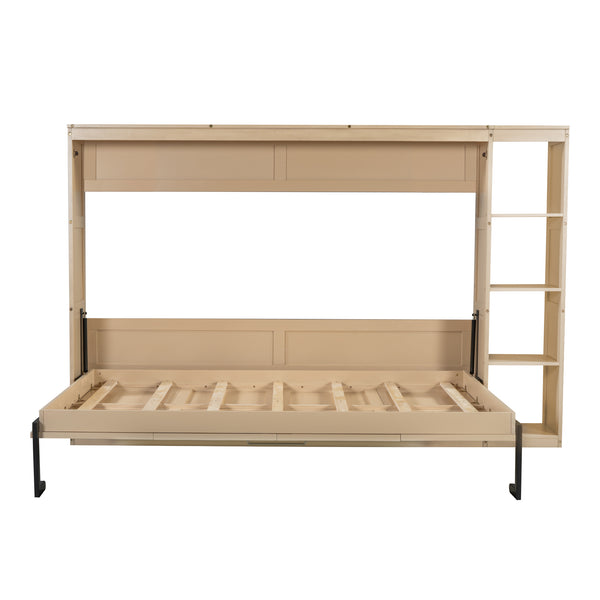 English Elm Full Full Size Murphy Bed with Bookshelf and Fold-Down Work Surface, Space-Saving LVL/MDF Design Natural GX002220AAN
