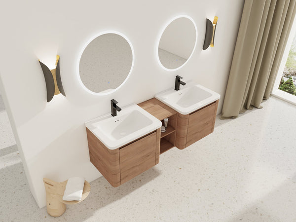 English Elm 60'' Wall-Mounted Vanity with White Ceramic Sink, Plywood Shelves, Soft-Close Door, Scratch & Water-Resistant Finish W999S00381