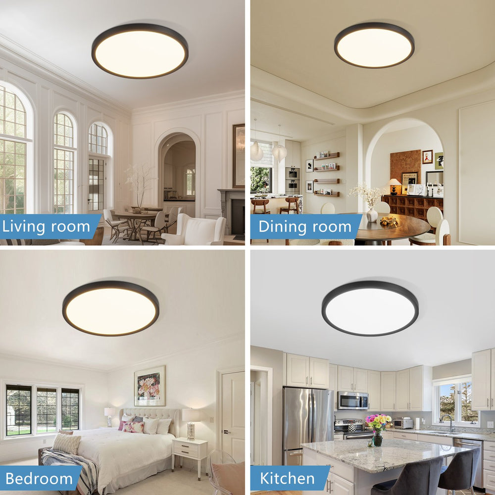 English Elm 6PK Ultra-Thin 12in Dimmable LED Flush Mount Ceiling Light 24W 2880LM 5-Color Temps IP42 Sealed Black W2312P375002