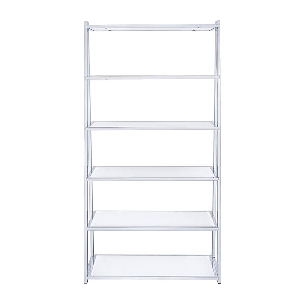 English Elm 6-Tier Leaning Bookcase White High Gloss with Chrome Frame, 6 Open Shelves for Books & Display Decor B016S00016