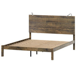 English Elm Farmhouse Wooden Platform Full Size Bed, Modern Platform Bed With Two Bedside Lights, Antique Walnut