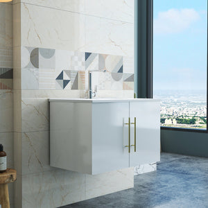 English Elm 30-Inch Sleek White Gloss Wall-Mounted Bathroom Vanity With Gold Handles & Soft-Close Doors, Easy Install W3151S00052