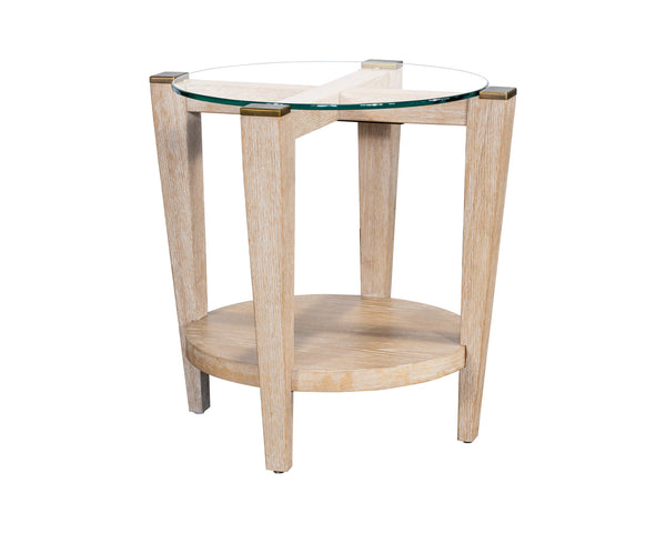 Basset Mirror Dunes Coastal Charm End Table With Glass Top, Antique Brass Caps & Modern Elegance For Any Space White Wood,Glass 2528-lr-220