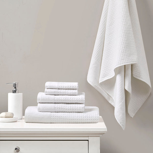 JLA Home Madison Park - Cotton Waffle Jacquard Antimicrobial Spa Towel Set — 6-Piece 600gsm Quick-Dry, OEKO-TEX Certified White MP73-5974
