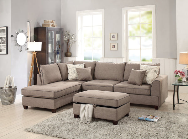 English Elm Beautiful 3-pcs Sectional Sofa with Reversible Chaise and Storage Ottoman Plush Summer Hues Comfort Mocha 76 L x 35 W x 16 H B011S01056
