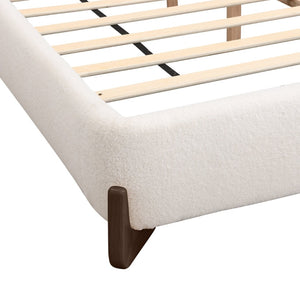 English Elm Elegant Boucle Platform Bed White Upholstered King with Dark Brown Wood Legs N769P228000K