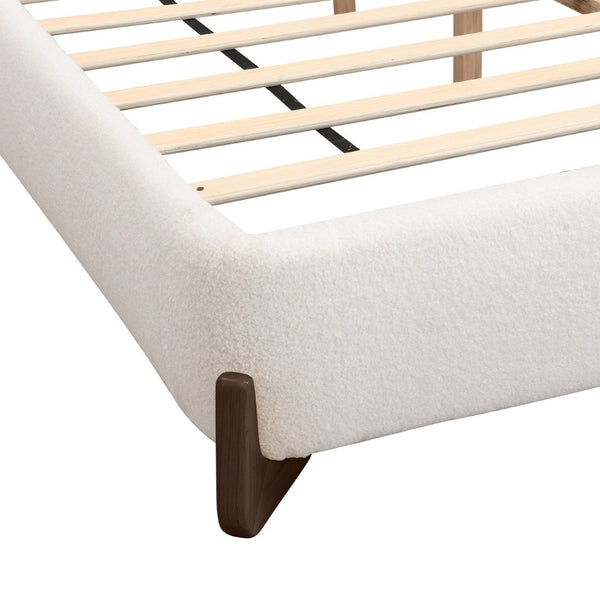 English Elm Elegant Boucle Platform Bed White Upholstered King with Dark Brown Wood Legs N769P228000K