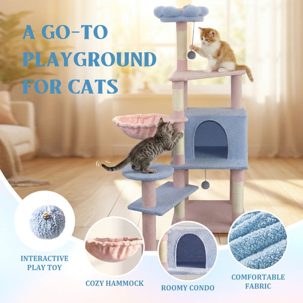 English Elm Flower Cat Tree Five Level Plush Climbing Tower with Condo Hammock and Sisal Posts W243P451163