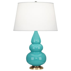 Robert Abbey Egg Blue Small Triple Gourd Accent Lamp Egg Blue Glazed Ceramic with Antique Natural Brass Finished Accents Pearl Dupioni Fabric Shade