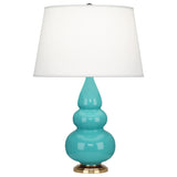 Robert Abbey Egg Blue Small Triple Gourd Accent Lamp Egg Blue Glazed Ceramic with Antique Natural Brass Finished Accents Pearl Dupioni Fabric Shade