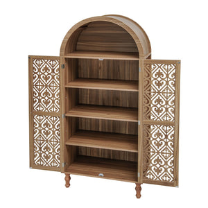 English Elm 70.28" Tall Walnut Pantry Cabinet Lattice Carved Doors Adjustable Shelves Two Drawers W688P303382