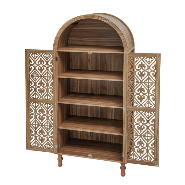 English Elm 70.28" Tall Walnut Pantry Cabinet Lattice Carved Doors Adjustable Shelves Two Drawers W688P303382