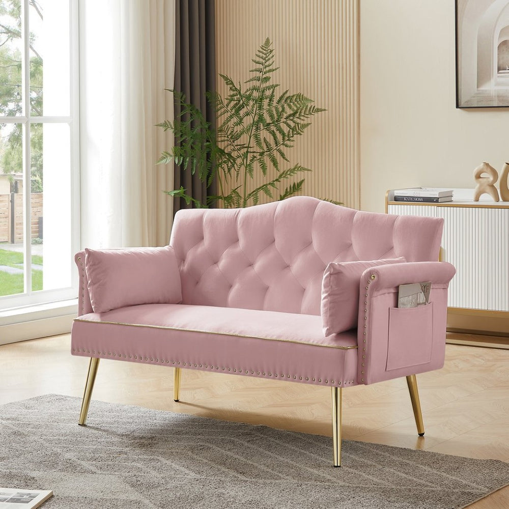 English Elm Pink Velvet Tufted Loveseat with Metal Legs for Bedroom or Apartment Living W3985P481338