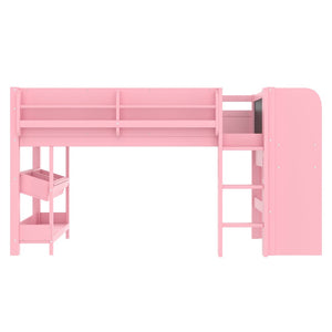 English Elm Twin Low Loft Bed Solid Pine Frame Kids Study Desk Blackboard Storage White W1580S00298