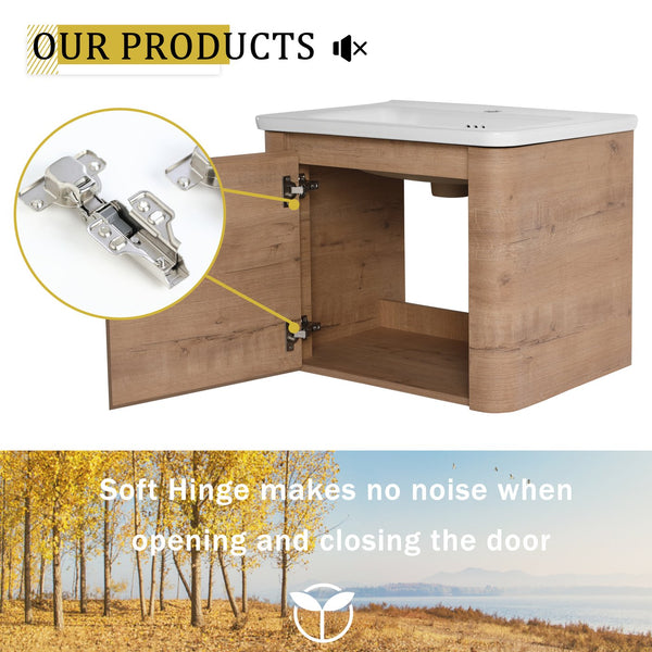English Elm 24'' 24" Wall-Mounted Bathroom Vanity with Ceramic Sink, Soft-Close Door, Plywood Build, Space-Saving Design Imitative Oak W999P317928