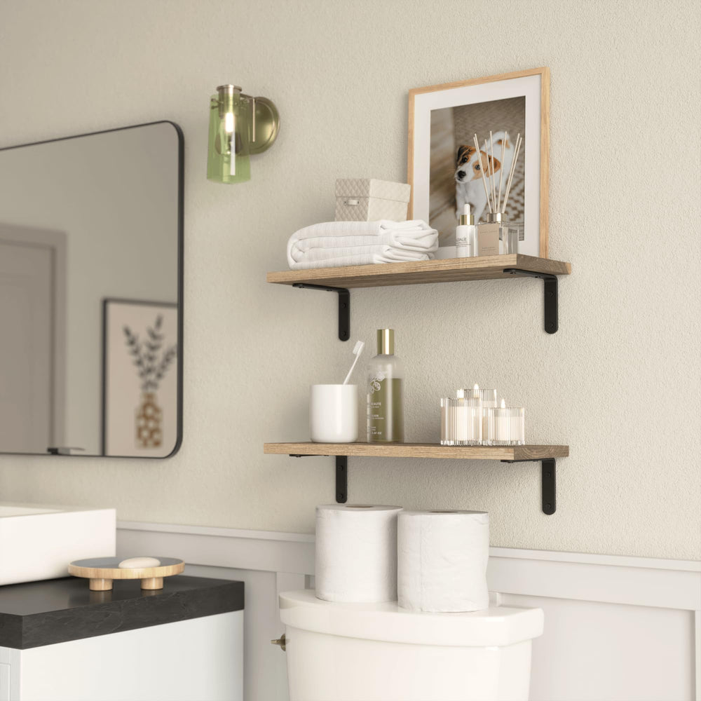 English Elm Rustic Paulownia Wood Shelves Set of 2 — Farmhouse Floating Wall Shelves 16.5" Durable 40lb Capacity W2181P194278