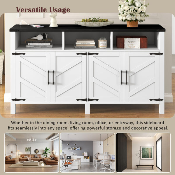English Elm U_style 59 Inch Sideboard Buffet with Built in Power Outlets Open Cubbies Metal Accents White+Black N711P347407K