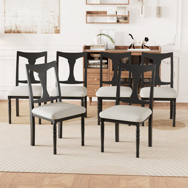 English Elm 7-Piece Extendable Dining Set with Removable Leaf and 6 Upholstered Chairs, Solid Rubberwood Legs, Seats 6 Black+Brown N752S000030B