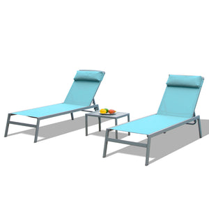 English Elm Patio Lake Blue 3-Piece Chaise Lounge Set — Aluminum Textilene Recliners, 5-Position Adjustable, Quick-Dry UV-Resistant 2 Chairs + Table W1859P225800