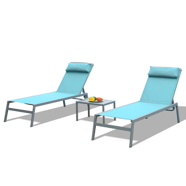 English Elm Patio Lake Blue 3-Piece Chaise Lounge Set — Aluminum Textilene Recliners, 5-Position Adjustable, Quick-Dry UV-Resistant 2 Chairs + Table W1859P225800