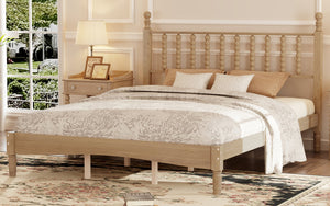 English Elm Queen Wood Platform Bed with Gourd-Shaped Headboard, Retro-Inspired Solid Frame, Slat Support, Sturdy Elegance Natural 64.8 L x 17.5 W x 9.5 H N733P206242M