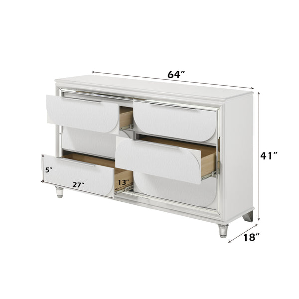 English Elm Tarian Pearl Dresser with Acrylic Crystal Legs and Embossed Fronts, Six Drawers plus Jewelry Trays White 51 L x 20 W x 41 H B2726P269294