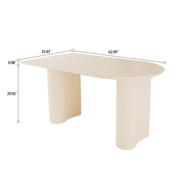 English Elm 63" Cream Mdf Dining Table Set with Carved Wave Legs and Beige Pu Upholstered Chairs White+Green W2189S00851