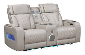 English Elm Jazmina Power Reclining Sofa Loveseat Set with Led Lighting and Bluetooth Speakers White B2749S00347