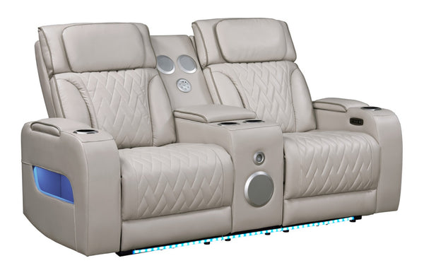 English Elm Jazmina Power Reclining Sofa Loveseat Set with Led Lighting and Bluetooth Speakers White B2749S00347