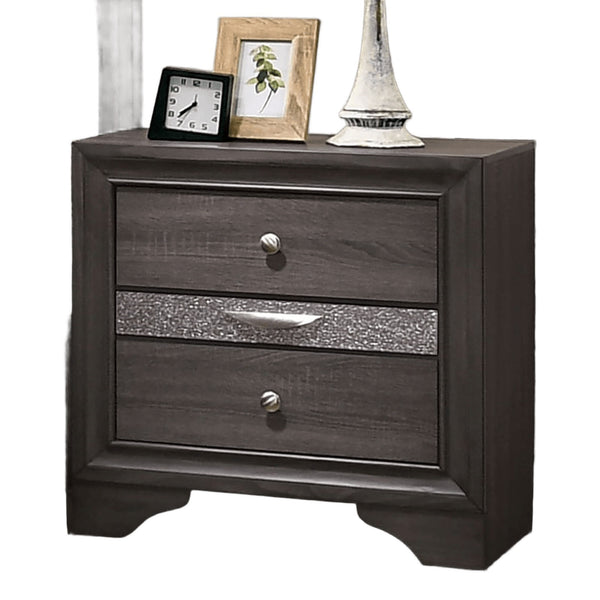 English Elm Contemporary Nightstand with Silver Accents, Solid Wood Veneer, English Dovetail Drawer, Sleek Shine Gray 30 L x 20 W x 30 H B2741P375929