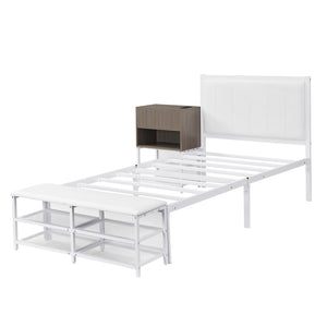 English Elm Twin Metal Platform Bed With Cushioned Footrest, Two-Tier Shelves & Wooden Storage Cabinet, White N737P199330K-GIGA
