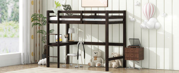 English Elm Twin High Loft Bed with Built-In Desk & Ladder, Espresso Rubberwood, Safety Guardrail, Space-Saving 90 W504P283513