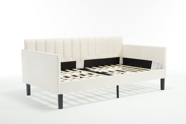 English Elm Elena Twin Size Beige Velvet Daybed with Ribbed Tufted Backrest, Foam Comfort, 400lb Capacity B083P152010