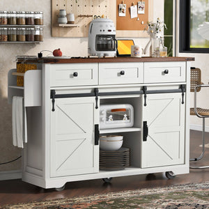 English Elm K&K 53.7" Farmhouse Kitchen Island with Drop Leaf, Sliding Barn Doors, Built-In Power & Wheels White N707P170347W