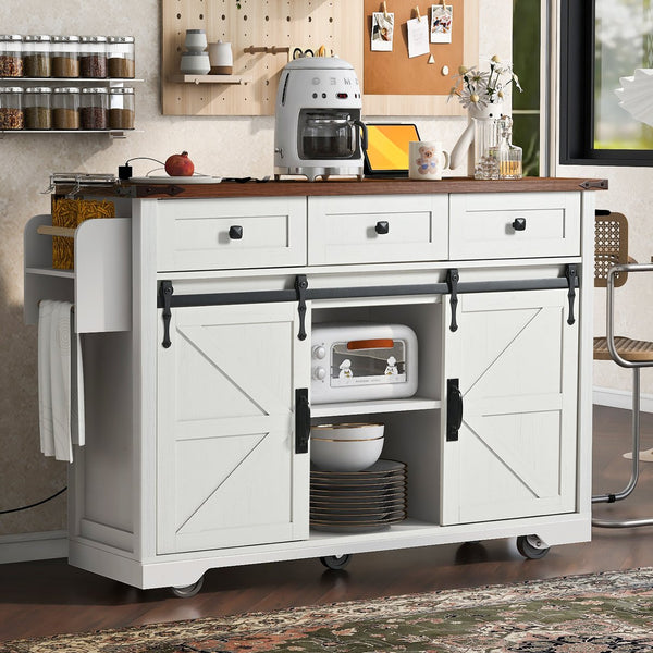 English Elm K&K 53.7" Farmhouse Kitchen Island with Drop Leaf, Sliding Barn Doors, Built-In Power & Wheels White N707P170347W