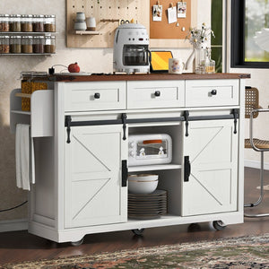 English Elm K&k Farmhouse Rolling Kitchen Island with Drop Leaf Power Outlets and Storage Cabinet White N707S170347W