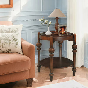 English Elm Classic Solid Wood Round End Table with Turned Legs and Open Storage Shelf Below W3137P446143
