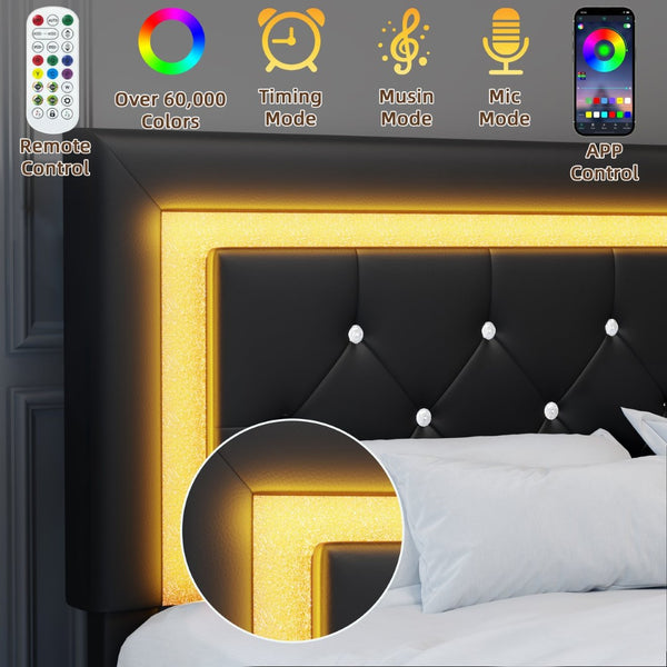 English Elm Full Size Floating Platform Bed Tufted Upholstered Headboard with Rgb Led Underlighting Black W3107P419249