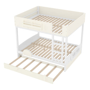 English Elm Queen Bunk Bed with Trundle Solid Pine Kids Car Themed Frame Built-in Bookshelf Beige+White W1580S00446