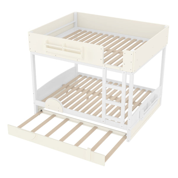 English Elm Queen Bunk Bed with Trundle Solid Pine Kids Car Themed Frame Built-in Bookshelf Beige+White W1580S00446