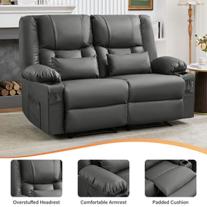 English Elm Recliner Loveseat with Massage Heat Pu Leather Dual Seating and Usb Charging Ports Grey W1521S00081