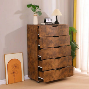 English Elm 5 Drawer Rolling Chest Distressed Finish Mobile Bedroom Storage Cabinet on Caster Wheels Rustic Brown B372P444032