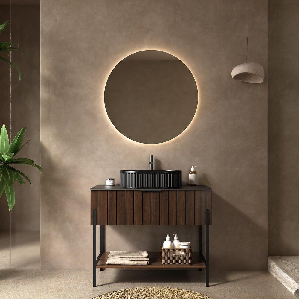 English Elm ZENO Black Ceramic Basin Vanity with Sintered Stone Top, Soft-Close Drawer, Open Shelf, 39.4" W2615S00067
