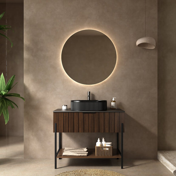English Elm ZENO Black Ceramic Basin Vanity with Sintered Stone Top, Soft-Close Drawer, Open Shelf, 39.4" W2615S00067