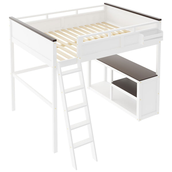 English Elm Queen Size Loft Bed With Desk, Usb Charging, Storage Box & Open Shelves For Organized Living Space N7090005002W-GIGA