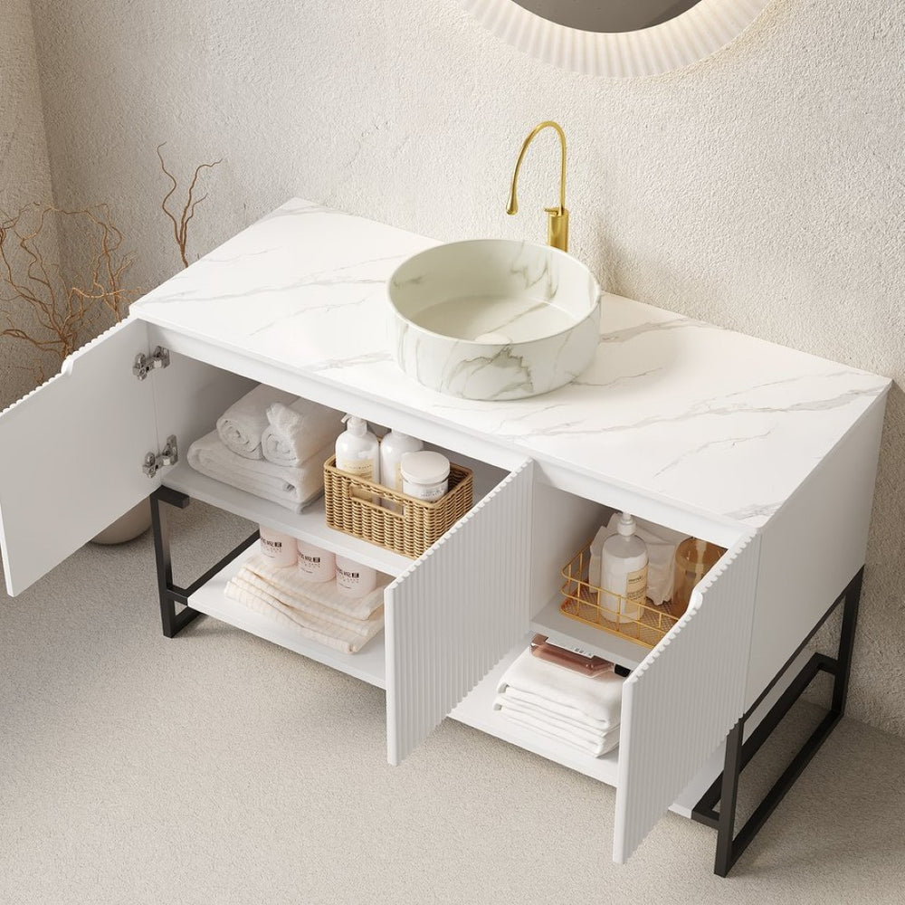 English Elm 48" Freestanding Bathroom Vanity Cabinet Sintered Stone Top Woodgrain Finish Open Shelf W2615S00662