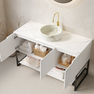 English Elm 48" Freestanding Bathroom Vanity Cabinet Sintered Stone Top Woodgrain Finish Open Shelf W2615S00662