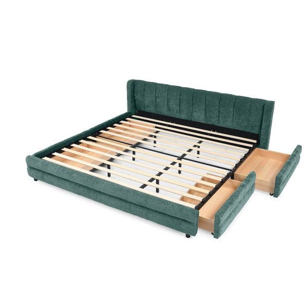 English Elm King Chenille Upholstered Platform Bed with Storage Drawers and Structured Headboard Blue+Green W487S00416