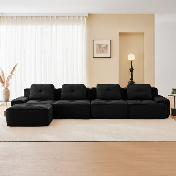 English Elm 153" Modern L-Shaped Modular Sectional Sofa - Plush Corduroy, Deep Seats, Movable Ottoman, No Assembly! W714S01481